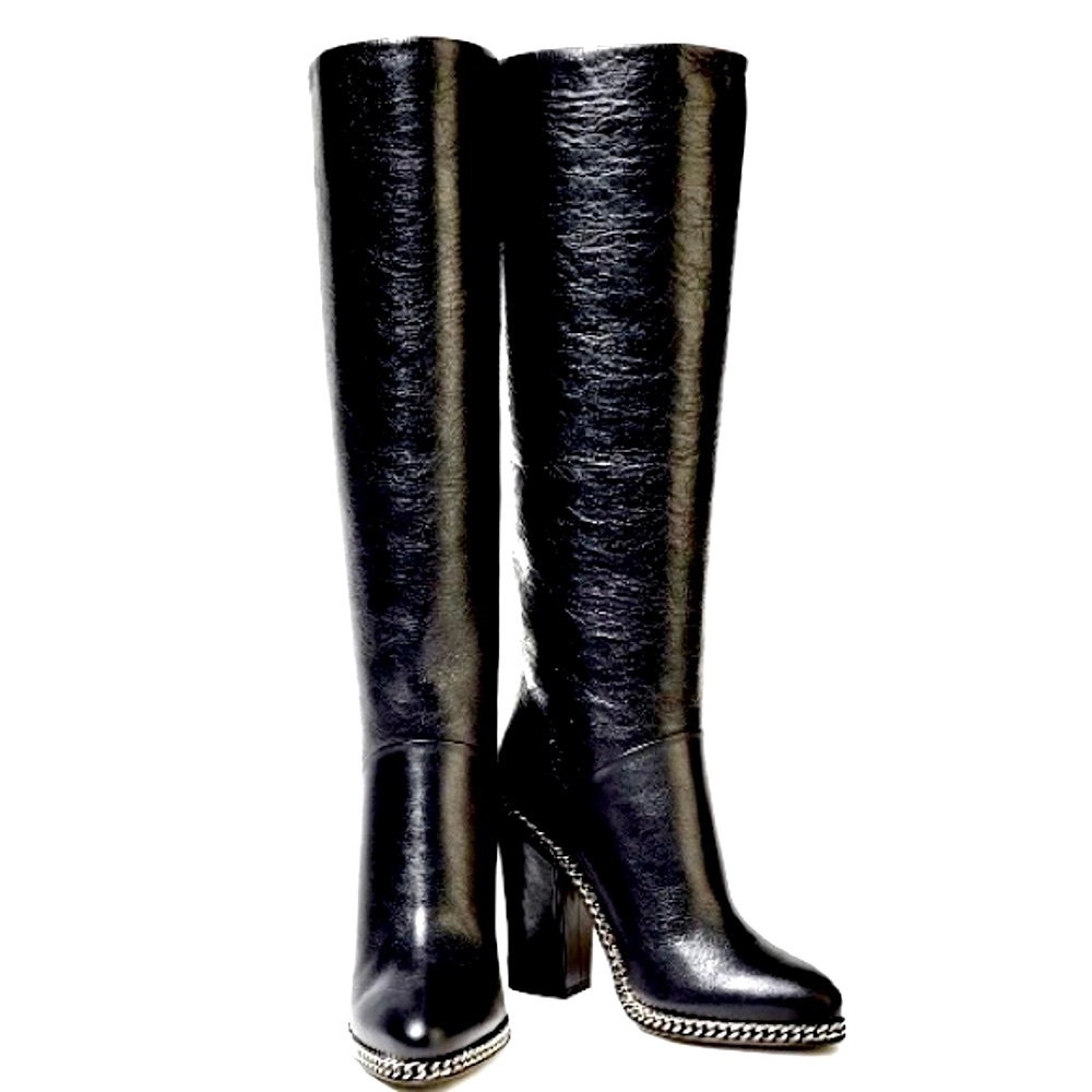 BALMAIN Emma Black Leather Chain Boots, Size 38/US 8